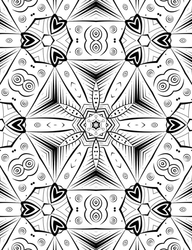 Dynamic geometric and tribal-inspired mandala coloring page for anxiety relief