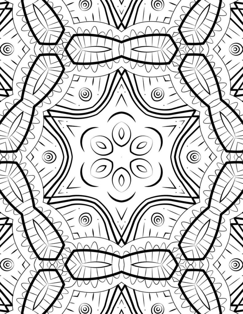 Intricate geometric starburst mandala coloring page with a six-petal central motif and radiating symmetrical patterns, perfect for mindful art and stress relief.