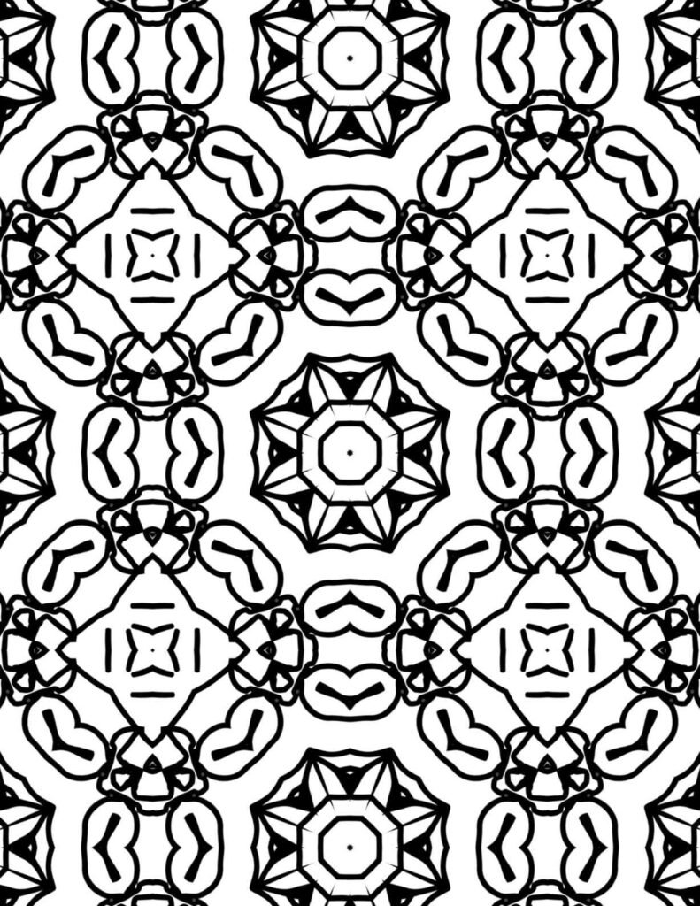 Free printable mandala coloring page featuring repeating heart-like and geometric patterns, perfect for mindful coloring, stress reduction, and artistic projects.