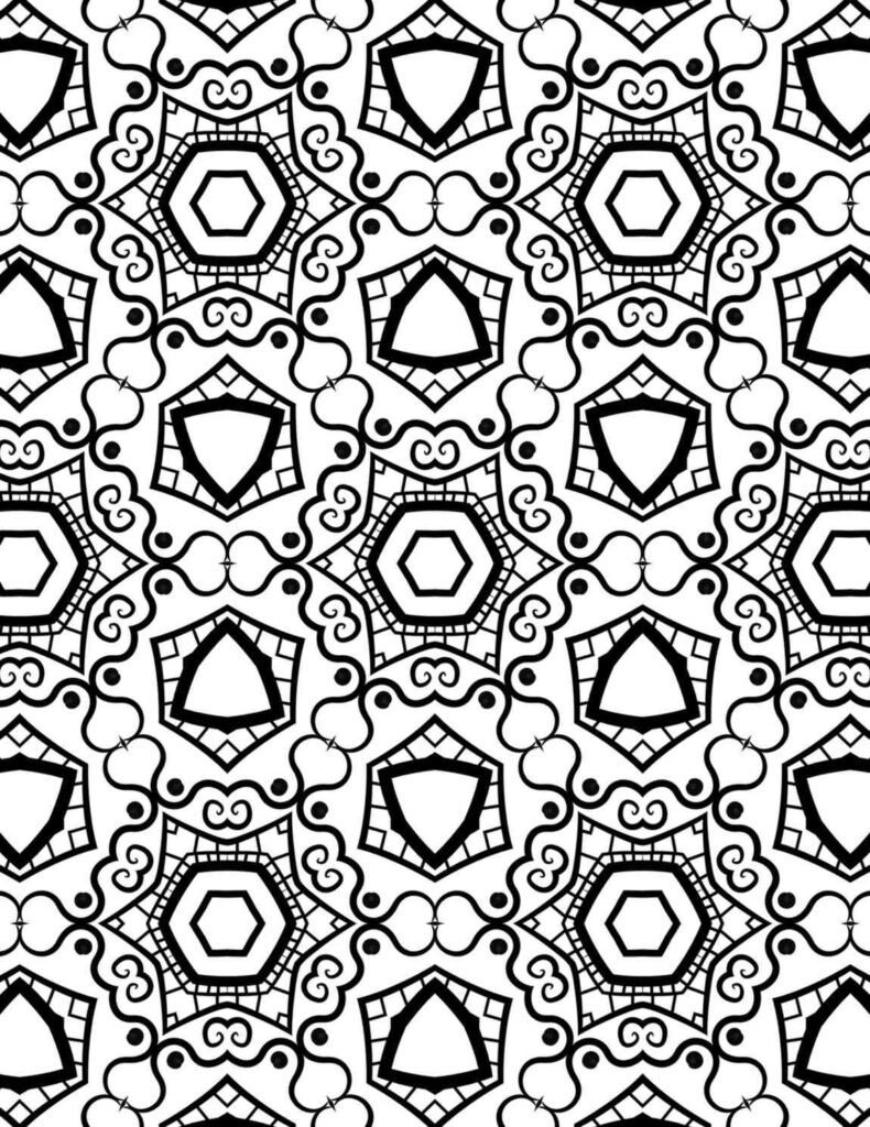 Intricate hexagonal and scrollwork repeating pattern mandala for mindful coloring
