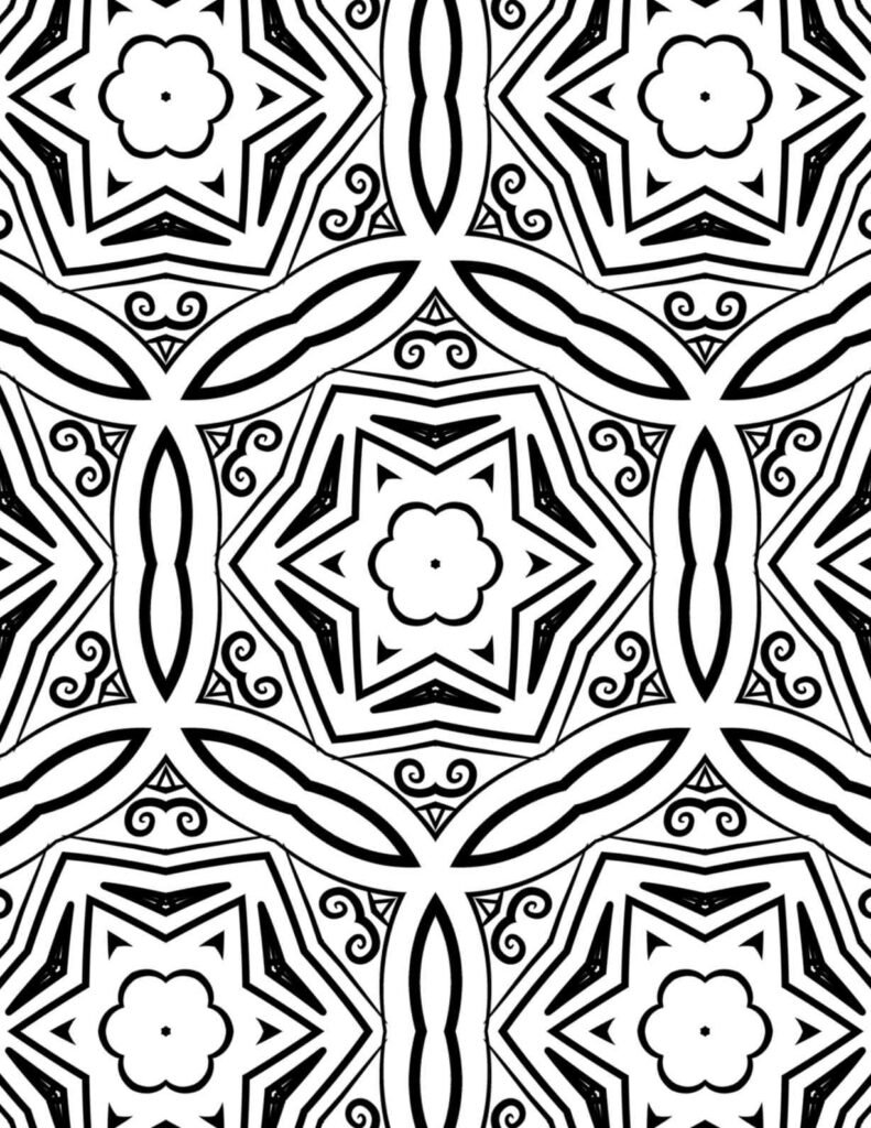 Abstract geometric star mandala coloring page, intricate pattern, therapeutic art