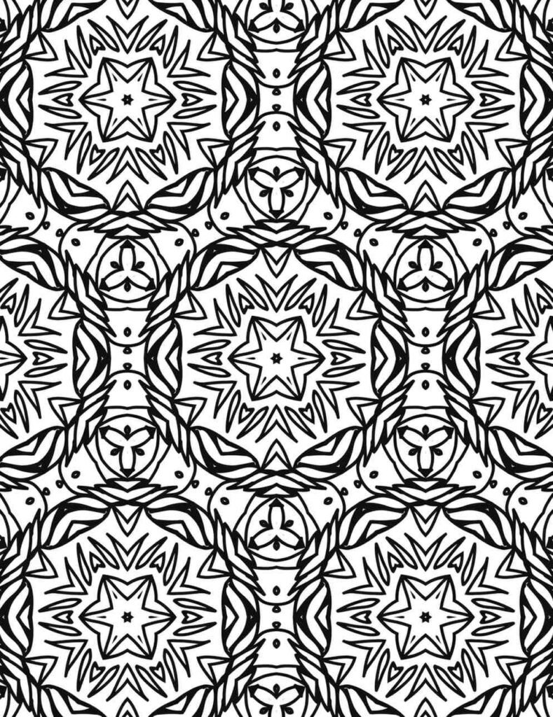Detailed black and white geometric star mandala with intricate patterns for mindful coloring and stress relief.
