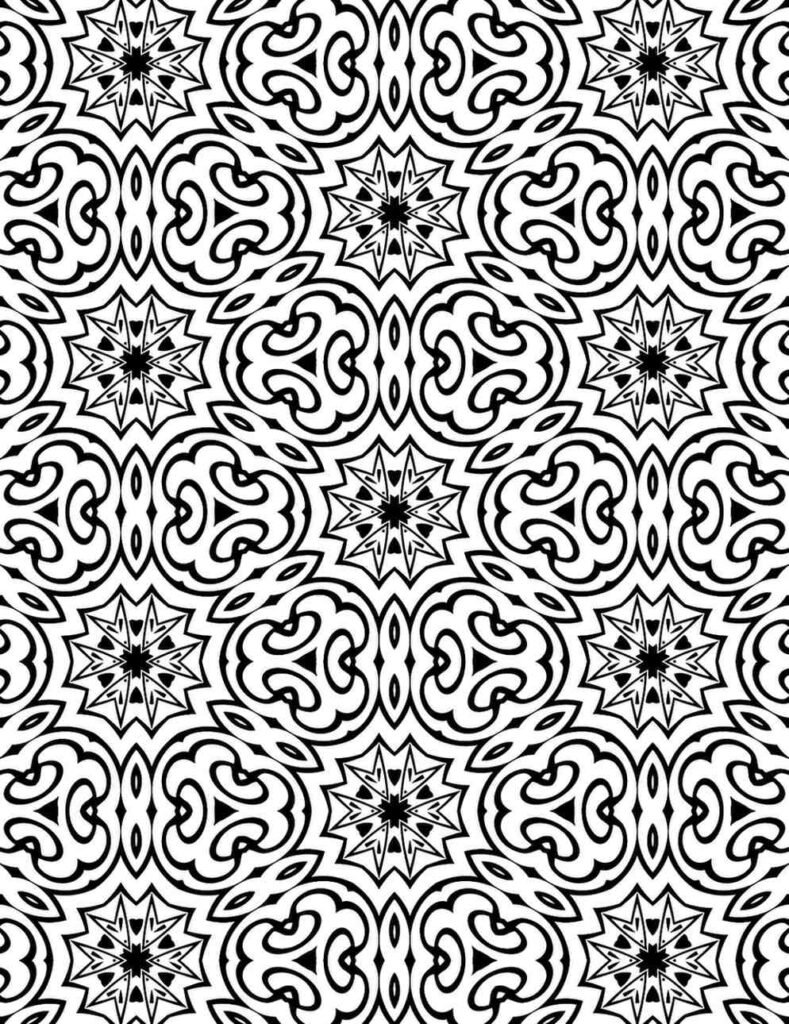 Intricate mandala featuring repeating starburst patterns, swirling geometric shapes, and interconnected designs, perfect for adult coloring and concentration.