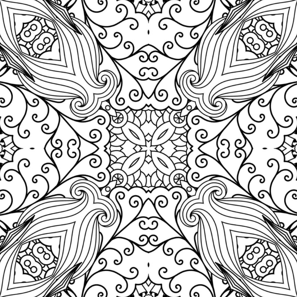 Elegant black and white mandala featuring prominent swirling patterns, intricate leaf-like forms, and delicate curled motifs, ideal for relaxation and mindful art.
