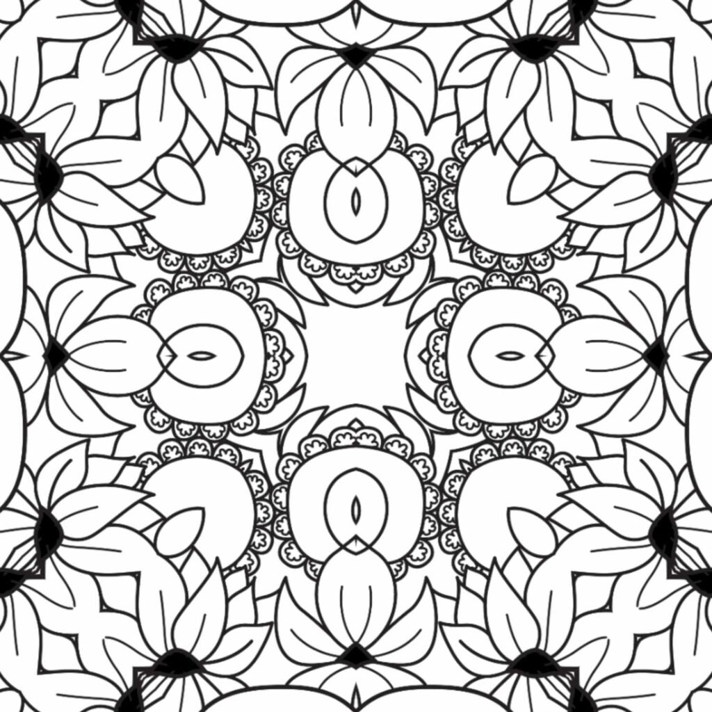 Highly detailed square floral mandala coloring page featuring a central open space, intricate medallion-like patterns, and large blooming flower motifs.