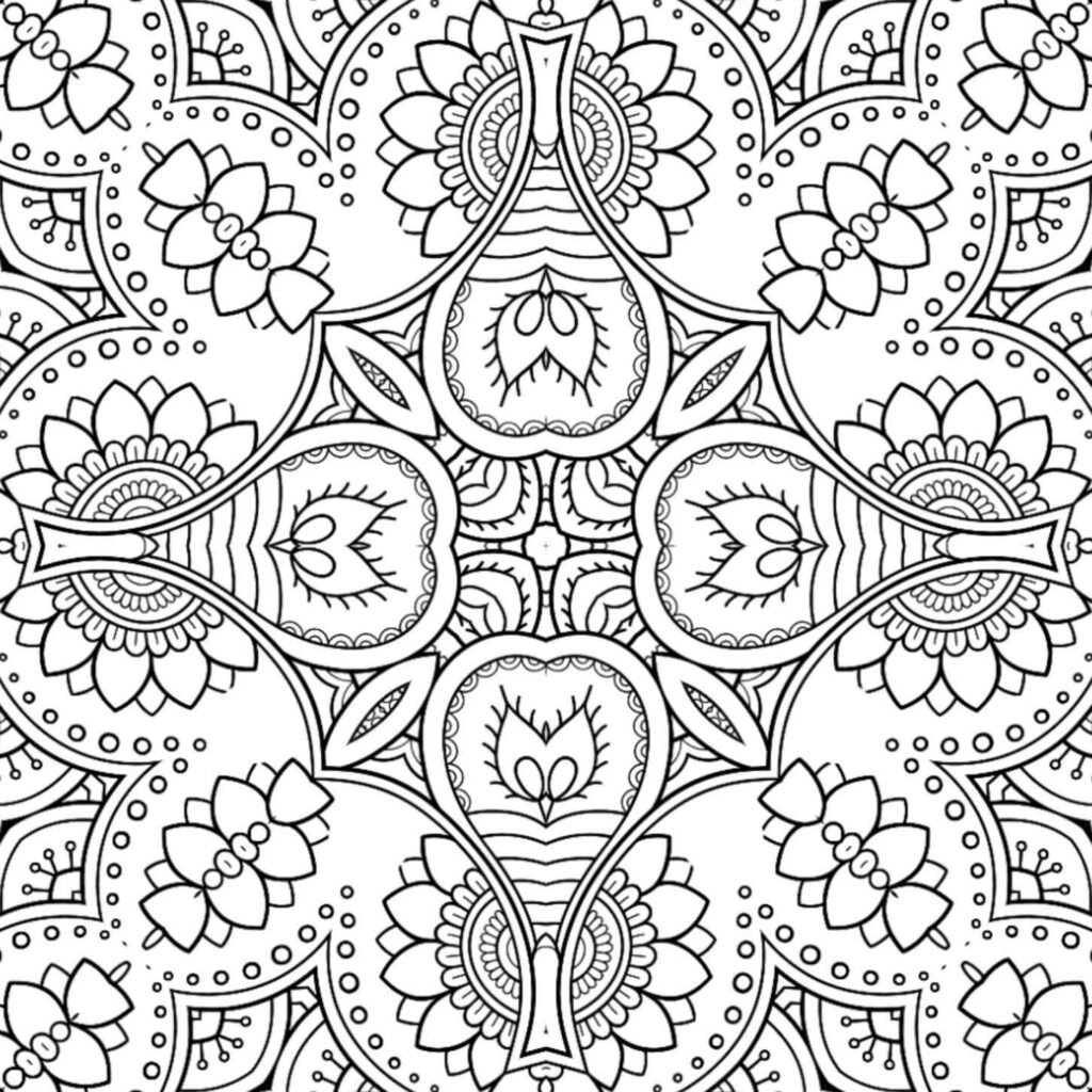 Highly detailed grand floral medallion mandala coloring page, free printable for intricate artistic expression, focus, and deep relaxation.