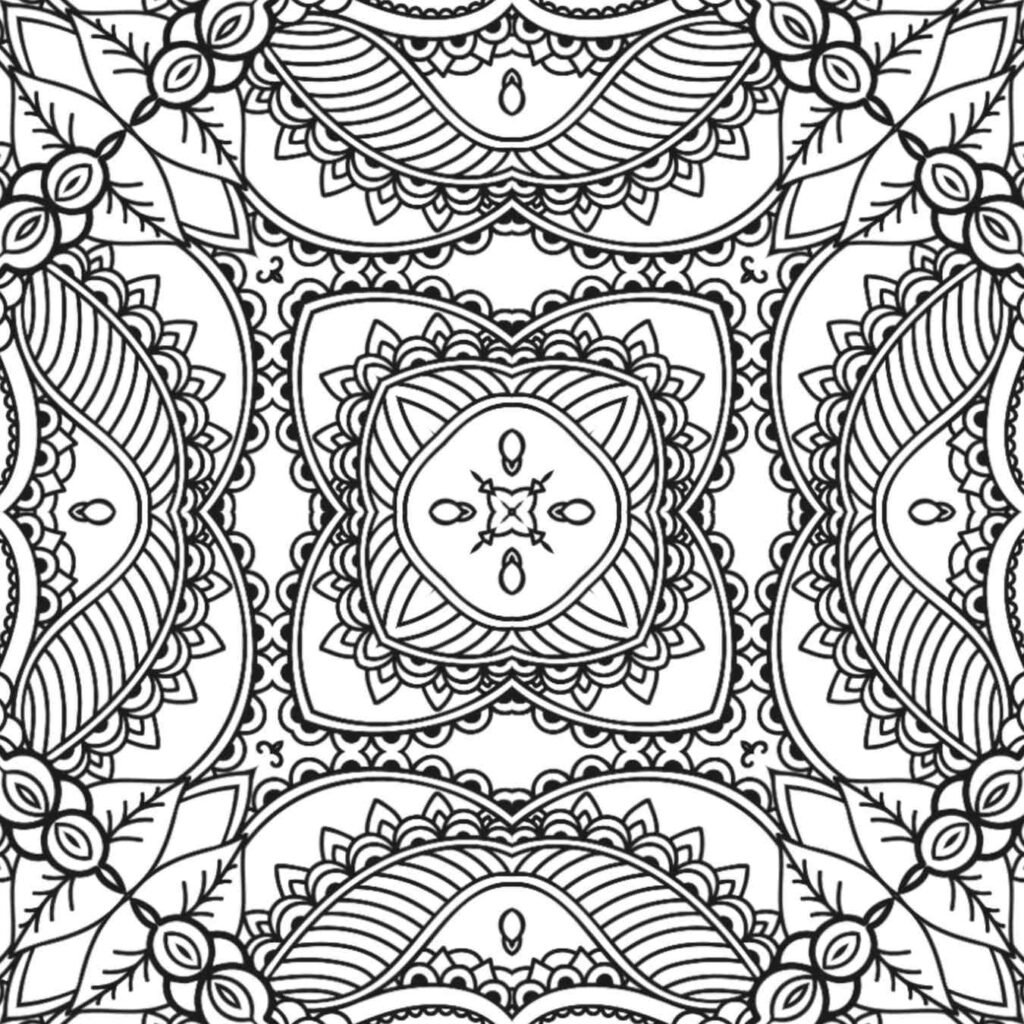 Free downloadable mandala coloring page with central floral bloom, intricate symmetrical patterns, bold paisley-like elements, and detailed borders for mindful art and stress relief