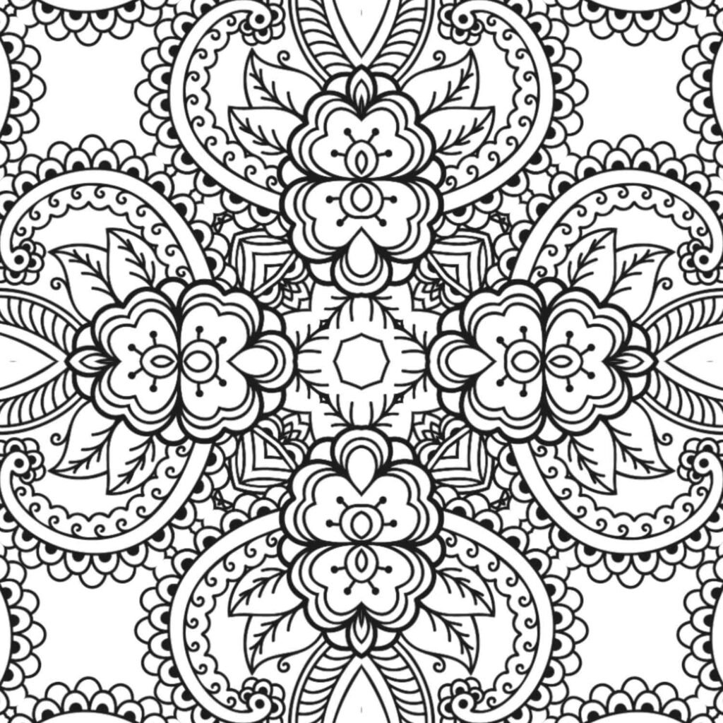 Symmetrical floral mandala with heart shapes for mindfulness and artistic stress relief