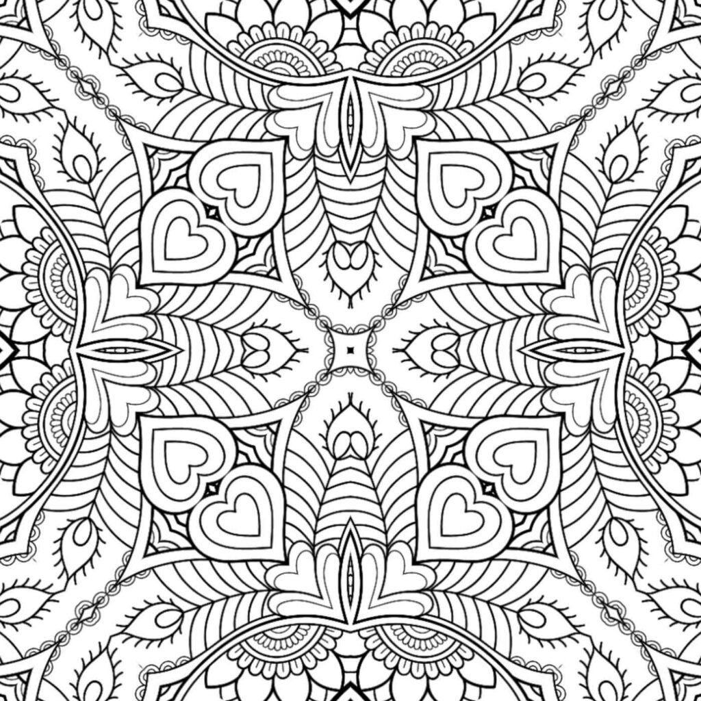 Intricate heart and leaf serenity mandala coloring page, free printable for promoting love, peace, and mindful artistic expression.