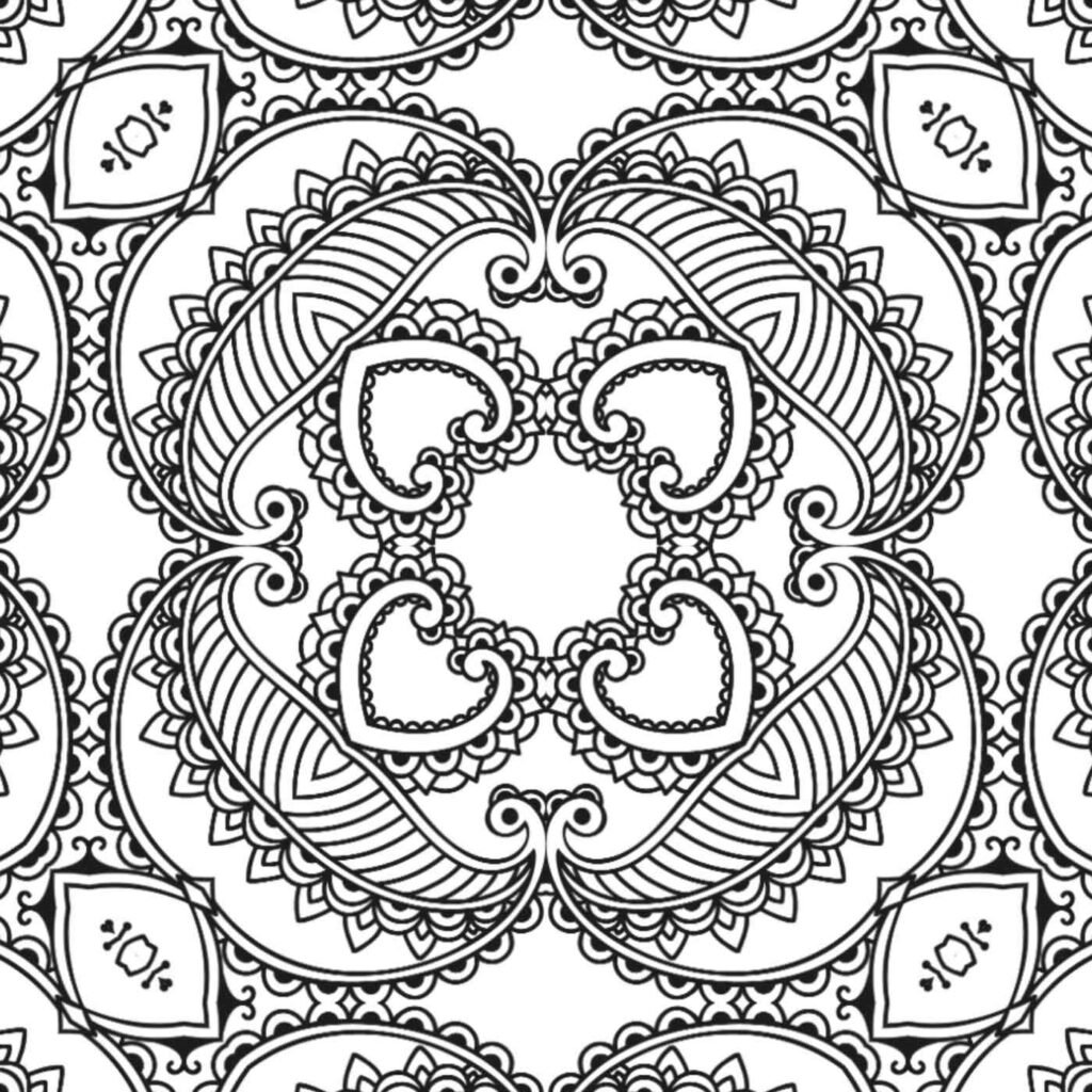 Free printable mandala coloring page with unique heart shapes, bold paisley motifs, and intricate lace-like details for therapeutic coloring and stress relief