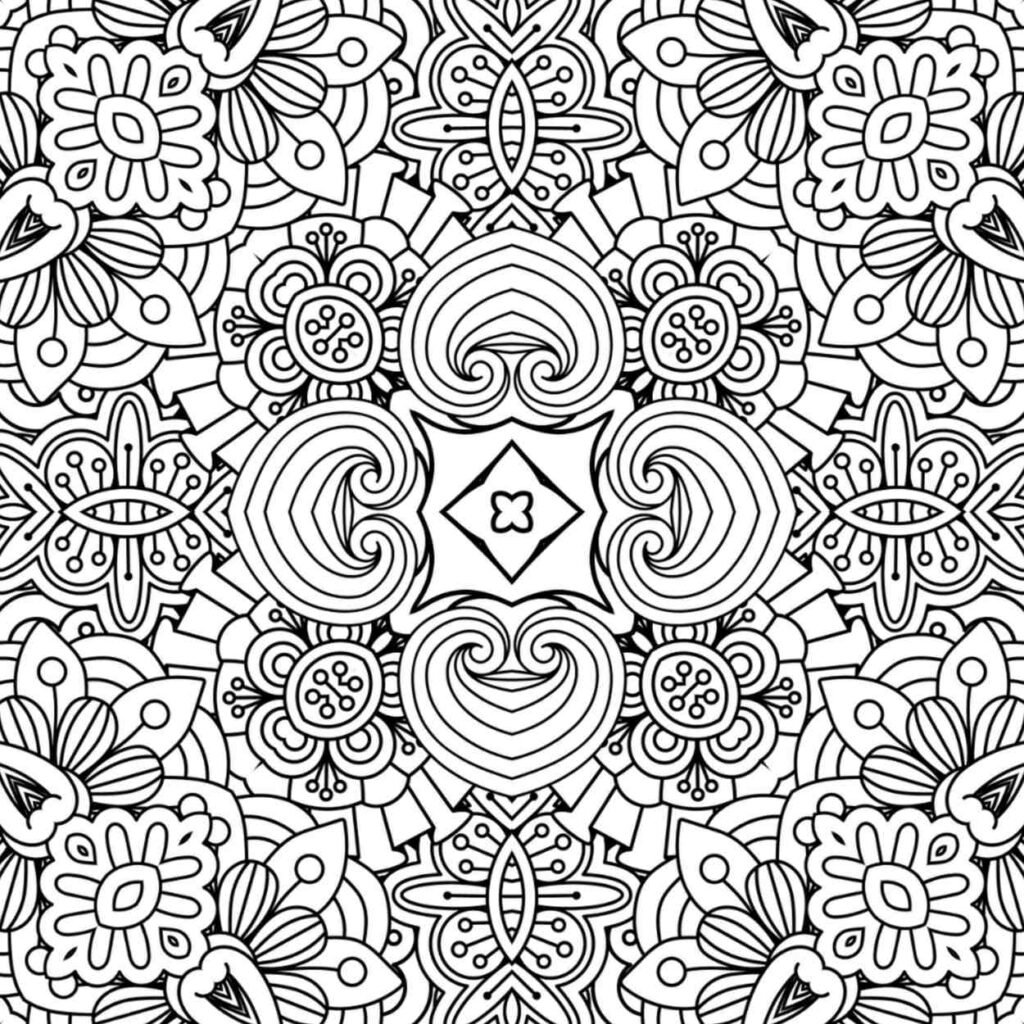 Symmetrical mandala design with heart-shaped elements and blooming flowers, perfect for adult coloring and meditation.