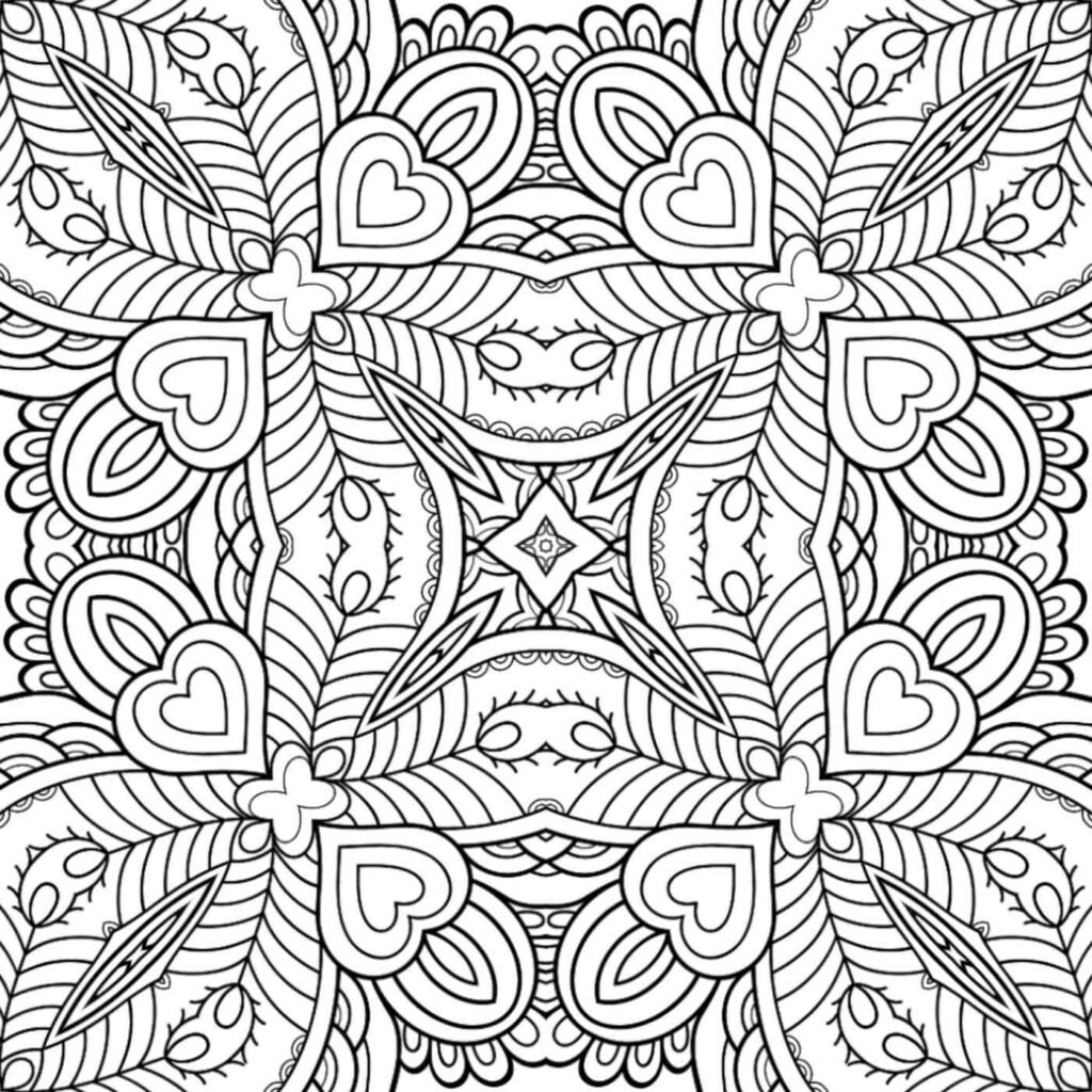 Beautiful mandala design featuring prominent heart shapes, delicate feather-like patterns, and a central star, perfect for mindful adult coloring.