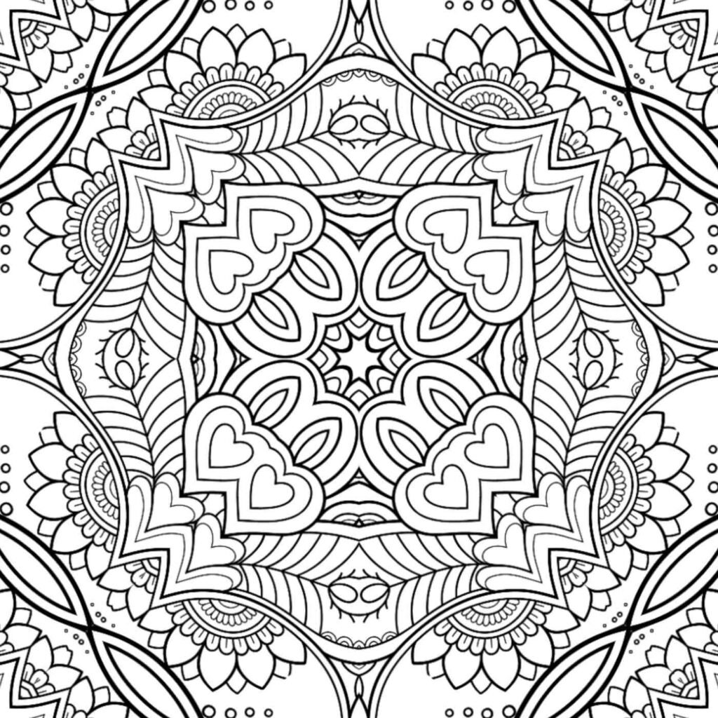 Symmetrical circular mandala design featuring prominent heart shapes and floral accents, ideal for coloring and promoting tranquility.