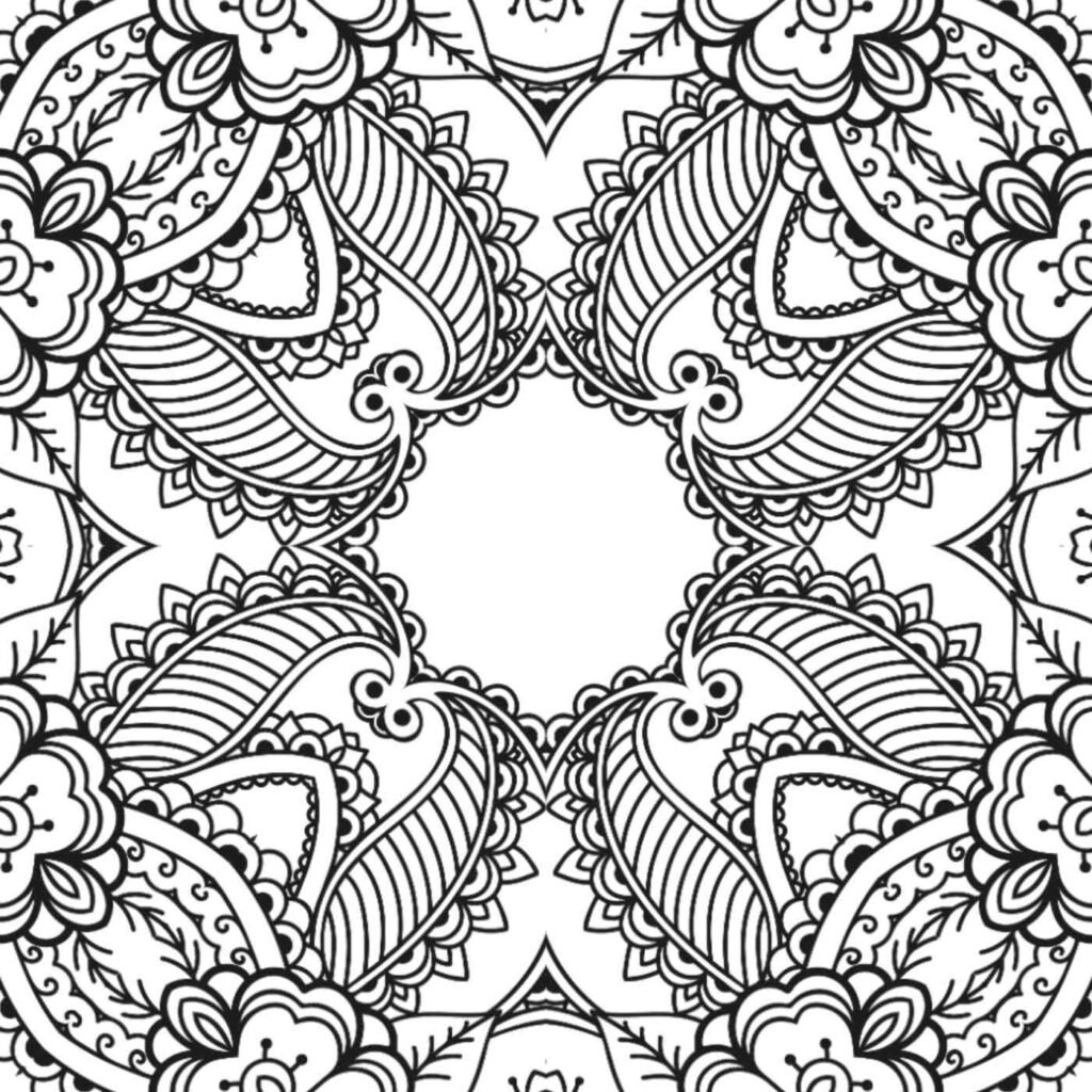 Free downloadable mandala coloring page with intricate henna-inspired floral and paisley patterns for stress relief and mindfulness