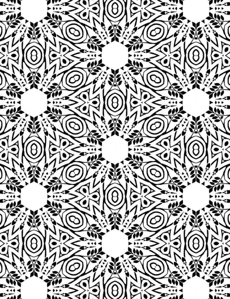 Detailed hexagonal mandala design with intricate floral and geometric patterns for coloring and relaxation