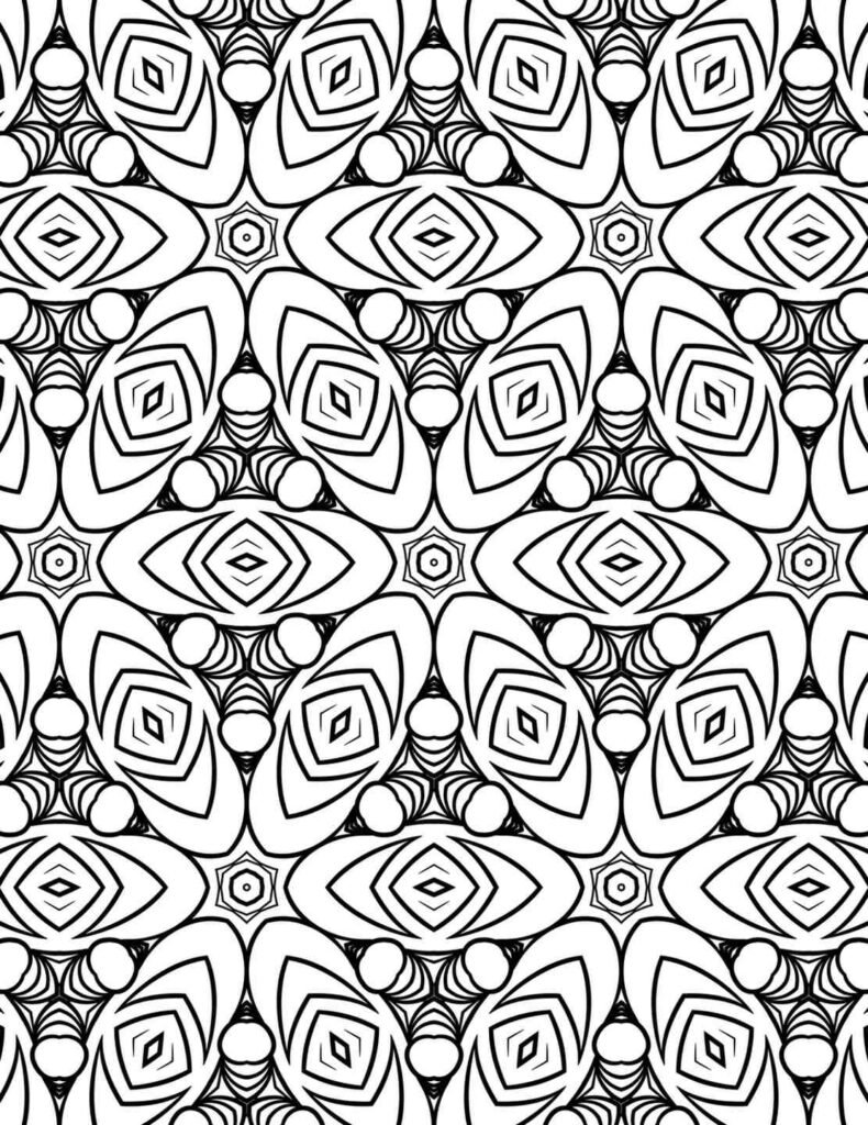 Intricate black and white geometric mandala with repeating eye-like and diamond patterns, ideal for coloring, meditation, and stress relief.
