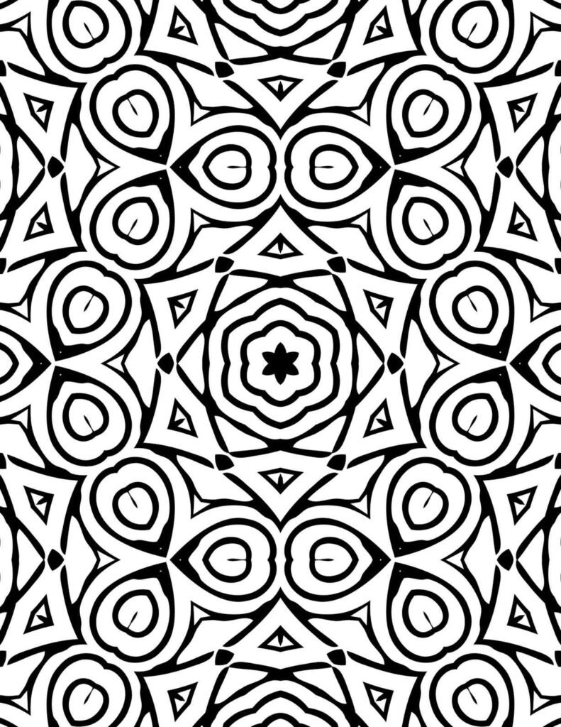 Bold black and white geometric mandala with repeating eye-like and triangular patterns, perfect for mindful coloring.