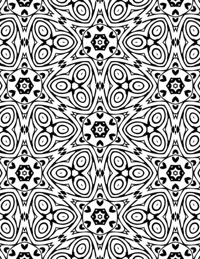 Symmetrical black and white mandala with floral and geometric motifs for calming activities