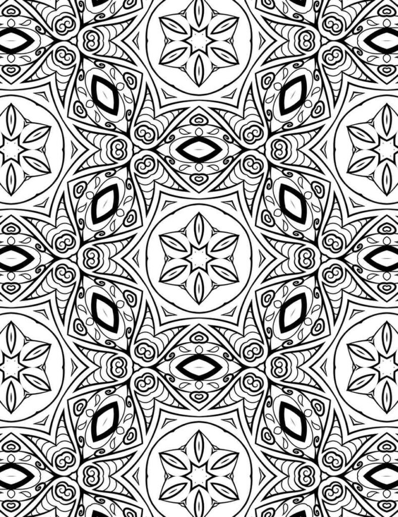 Repeating floral geometric mandala coloring page for adults, intricate pattern for stress relief, printable mindful art