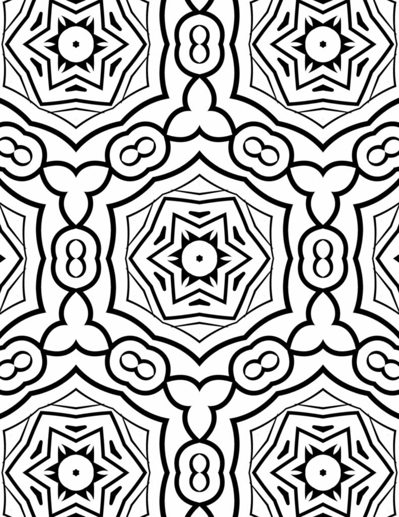 Detailed black and white mandala with repeating star shapes and interconnected infinity symbols, ideal for coloring and meditation.