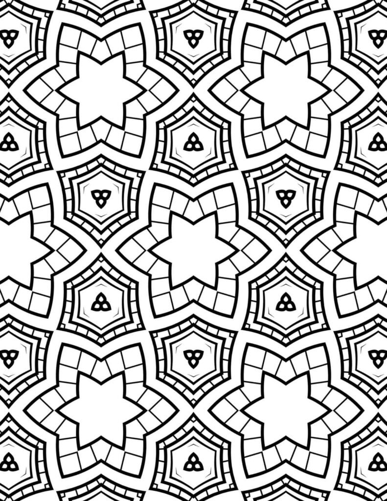 Bold geometric star and repeating infinity knot mandala for mindfulness and relaxation