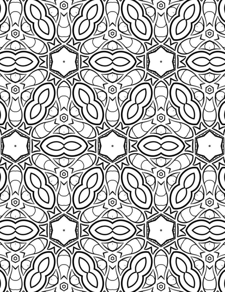 Detailed line art mandala with repeating infinity shapes and floral star patterns, perfect for mindful coloring and creative expression.