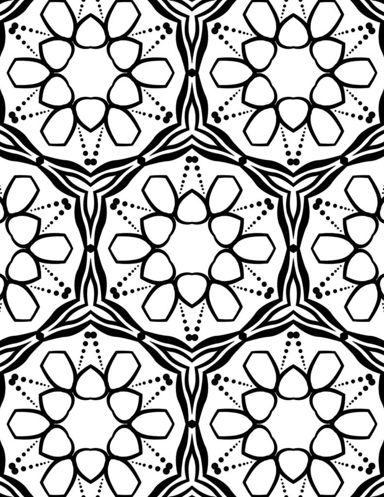 Symmetrical black and white mandala with repeating hexagonal flower motifs, intricate dotted radiating patterns, and bold interlocking lines, ideal for meditative coloring.