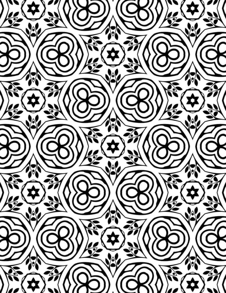 Free printable mandala design with intricate interlocking loops, starburst centers, and delicate leaf accents for coloring