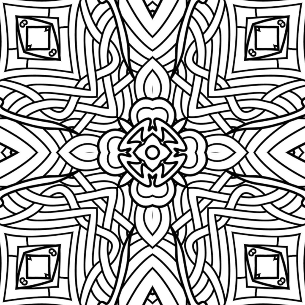 Complex intertwined path mandala coloring page with knot-like patterns and geometric accents, free printable for mindful focus and intricate art.