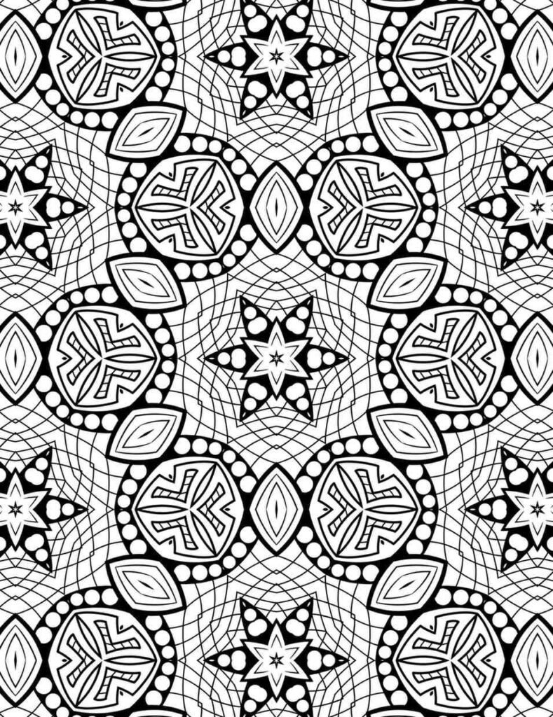 Repeating geometric star mandala pattern for adults, intricate ornamental coloring page, seamless design for mindfulness