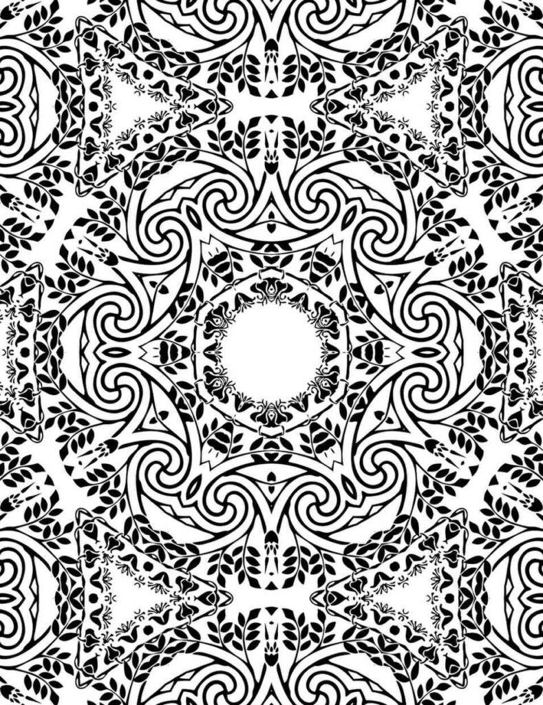 Complex black and white mandala with a central framed opening, radiating intricate floral and swirling patterns, ideal for mindful coloring.
