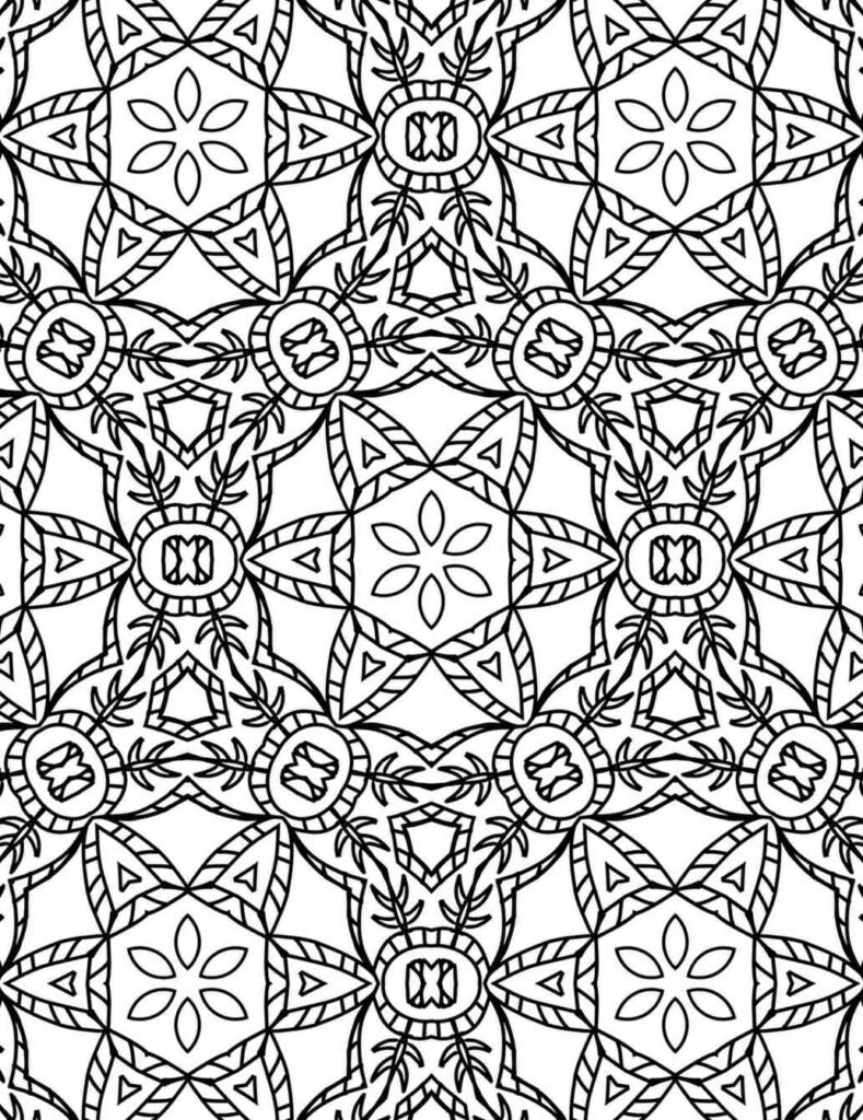 Highly intricate black and white mandala with repeating star and floral patterns, featuring detailed geometric and organic elements, perfect for advanced coloring.