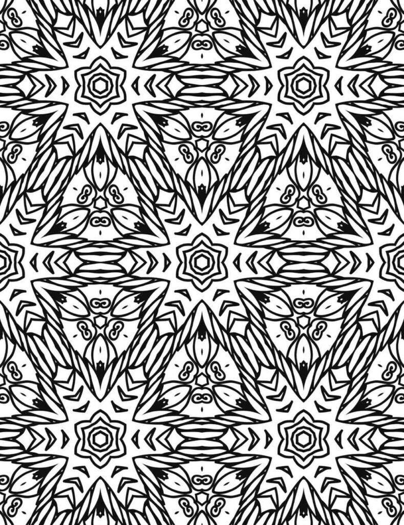 Black and white intricate geometric mandala with repeating triangular and hexagonal forms, featuring detailed patterns inside for advanced coloring.