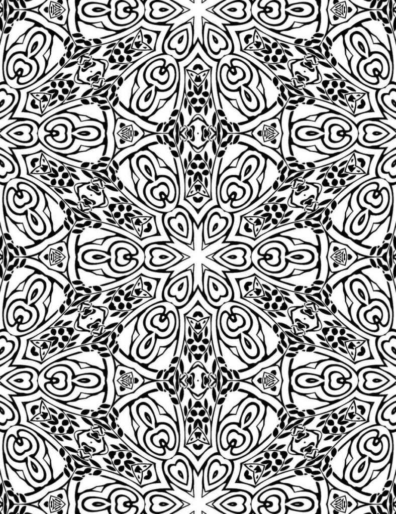 Intricate mandala design with swirling heart shapes, delicate leaves, and central star pattern, perfect for adult coloring and relaxation.