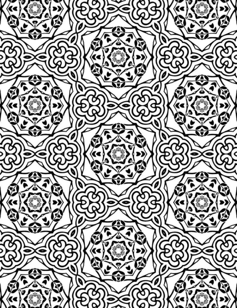 Symmetrical black and white mandala with continuous looped patterns and central starburst motifs for coloring