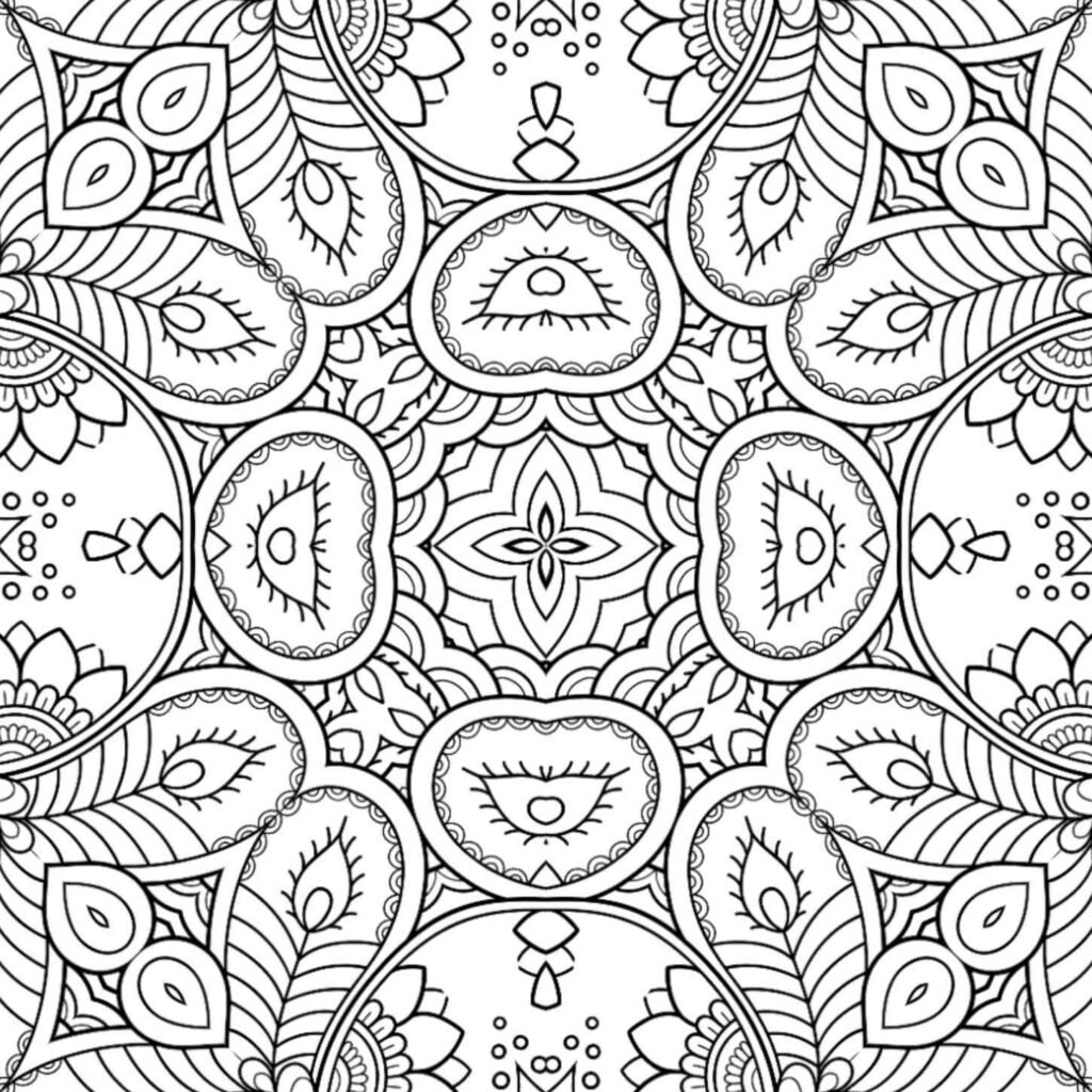 Complex sacred geometry mandala coloring page with spiritual eye motifs and detailed patterns for adults