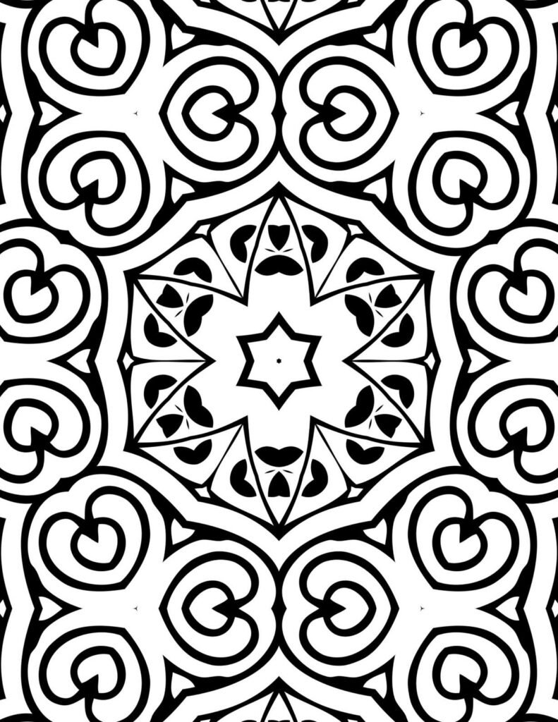 Detailed black and white mandala with a central star and elegant, swirling Persian-inspired patterns for coloring and relaxation