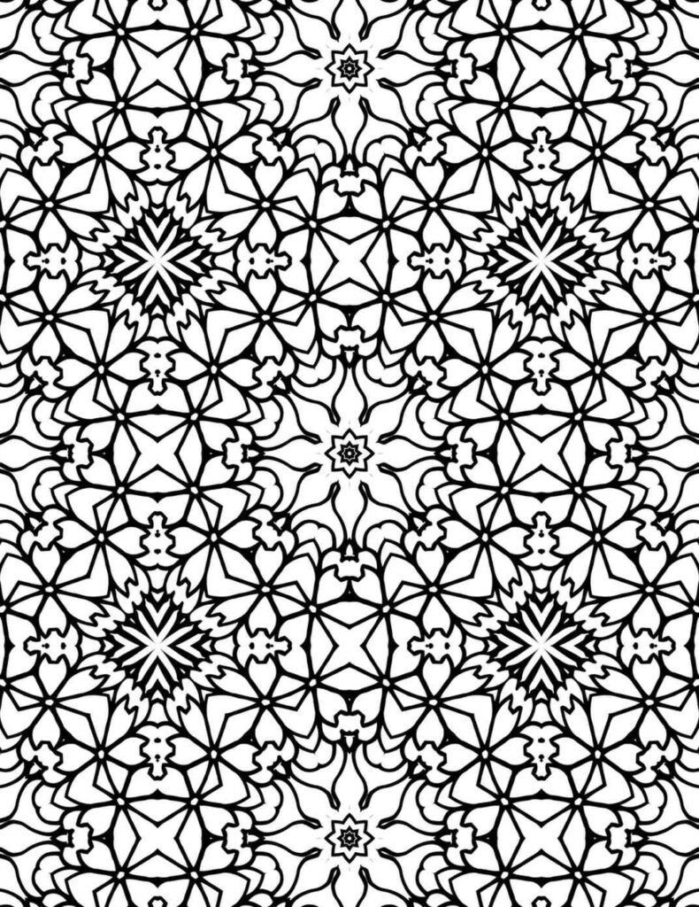 Complex symmetrical mandala coloring page with repeating floral and geometric patterns, perfect for mindful art therapy and relaxation.