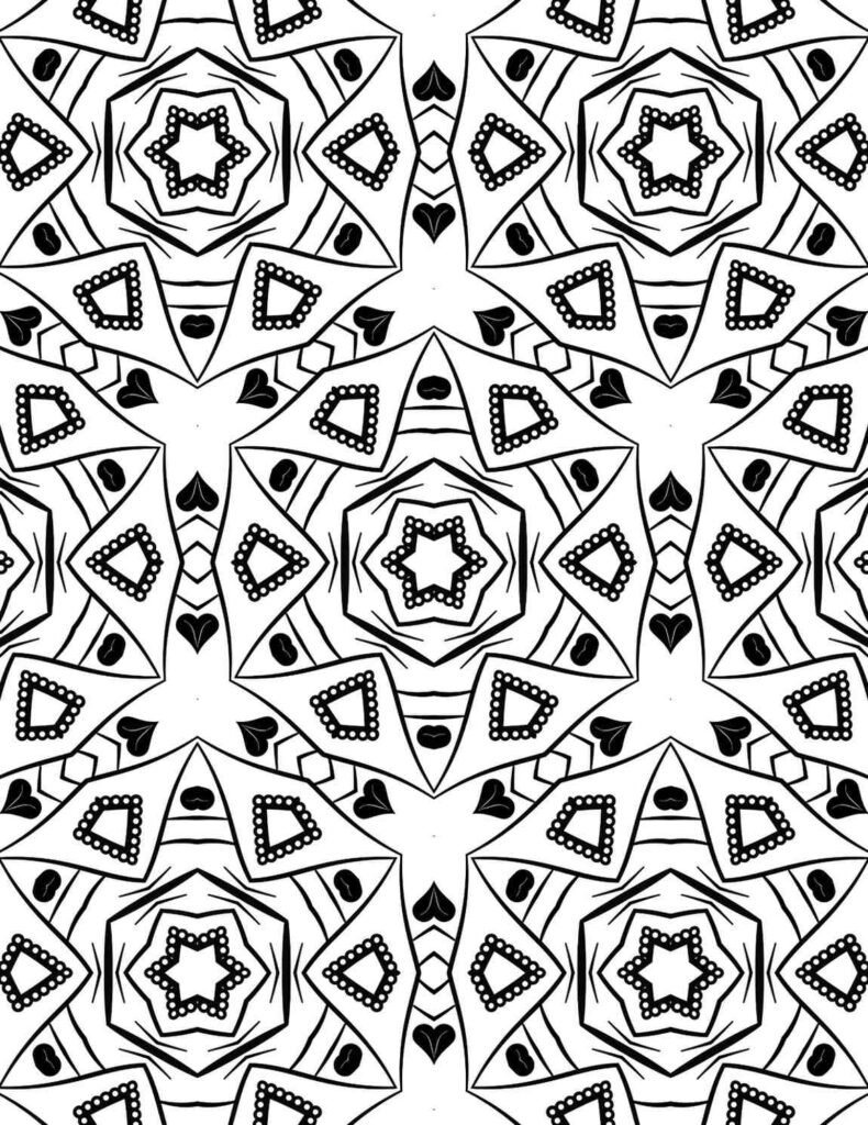 Complex geometric mandala pattern with dotted starbursts and shield-like shapes, perfect for detailed artistic projects.