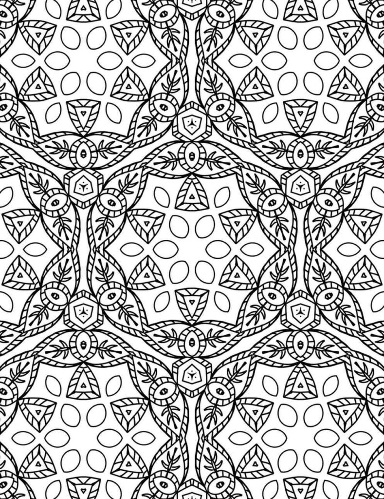 Detailed black and white mandala with repeating vine and leaf patterns, perfect for adult coloring and stress relief.