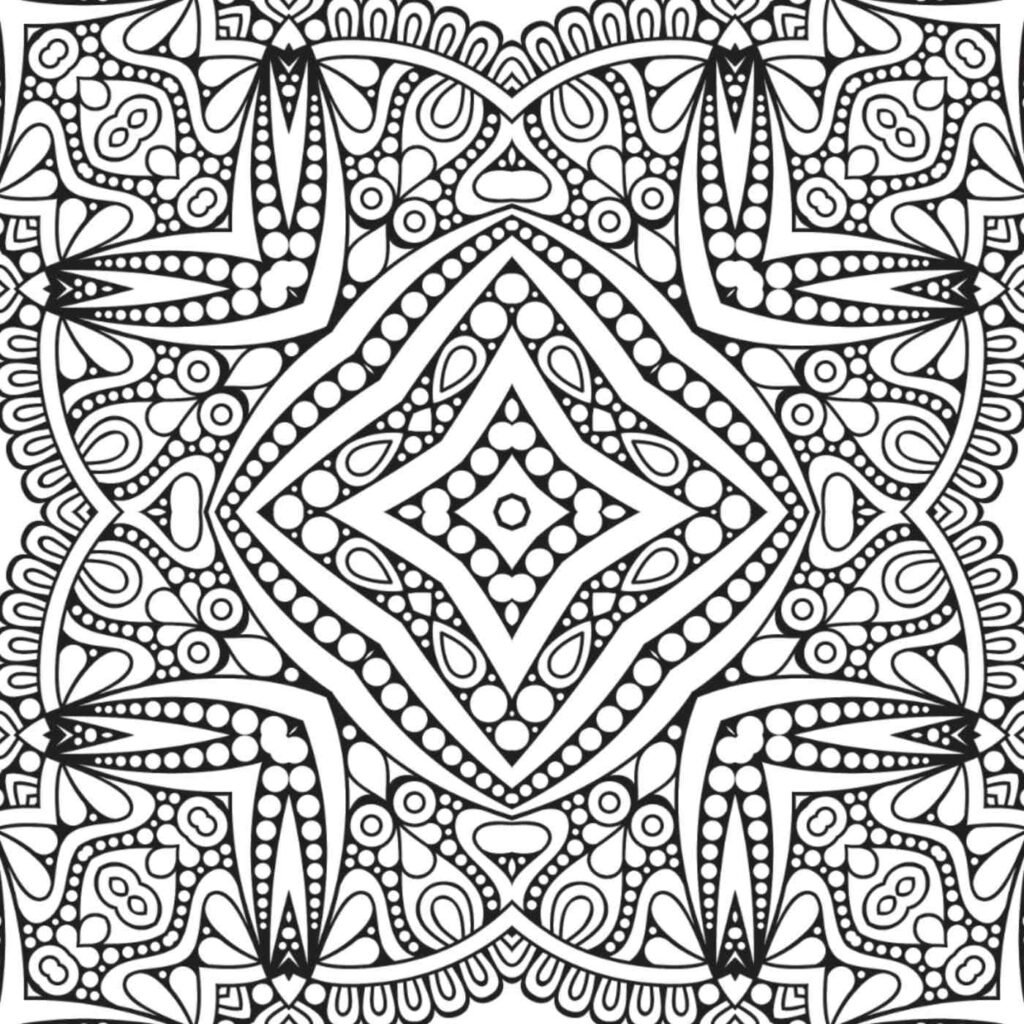 Intricate jewel mandala coloring page, symmetrical pattern with dots and teardrop shapes for relaxation