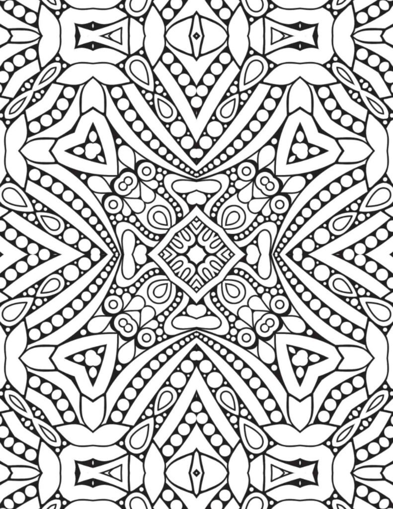Symmetrical mandala design featuring ornate tear-drop patterns, intricate dots, and central geometric motifs, perfect for detailed adult coloring and stress relief.
