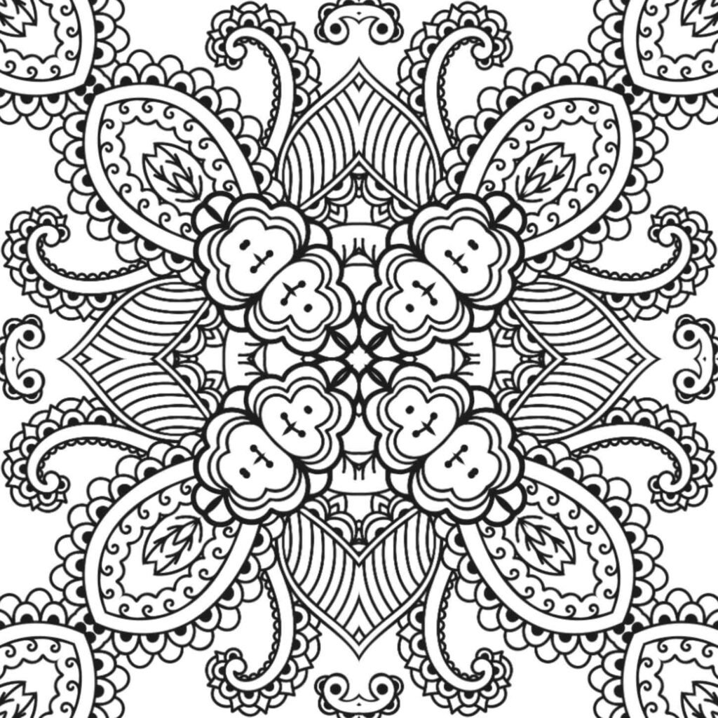 Whimsical floral mandala coloring page with heart-shaped elements for relaxation and art therapy