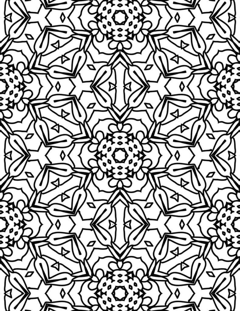Bold black and white geometric floral mandala coloring page with repeating star and petal shapes, intricate patterns for adult relaxation.