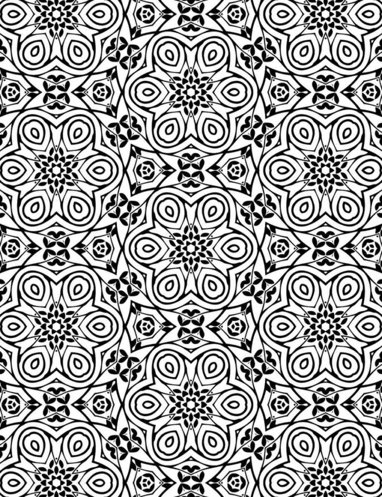 Intricate black and white kaleidoscope bloom mandala with repeating hexagonal patterns and starburst centers, ideal for detailed coloring and focus.