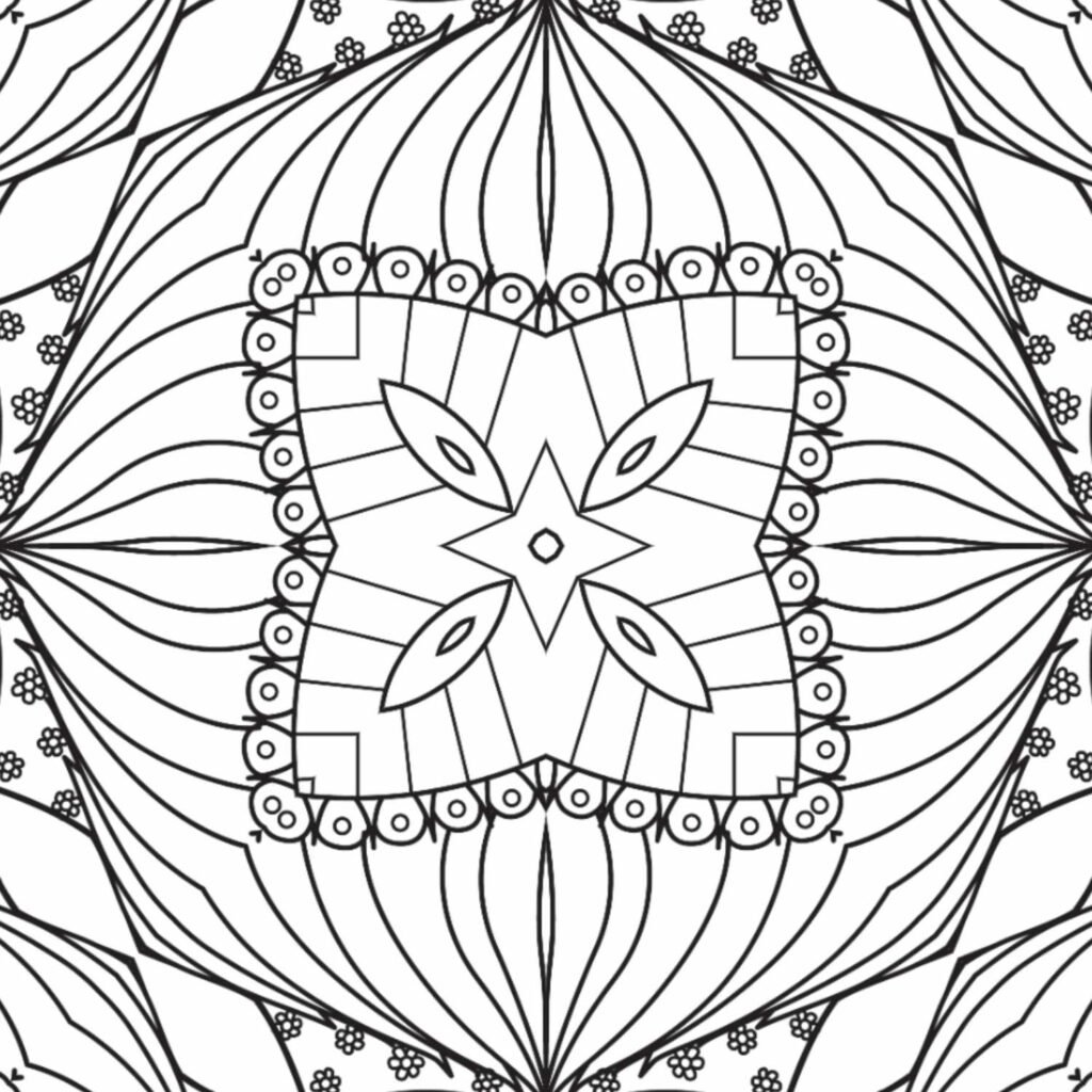 Free printable intricate mandala coloring page with a central star, detailed square frame, radiating petal-like forms, and small floral accents.