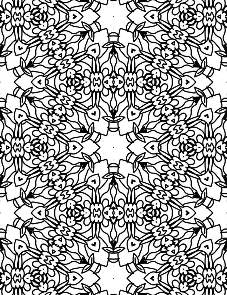 Detailed symmetrical mandala coloring page for adults, intricate geometric floral pattern for relaxation and focus
