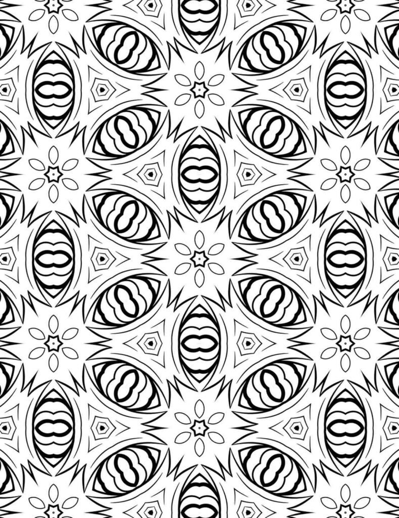 Mesmerizing eye-shaped and starburst geometric mandala for mindful coloring and focus