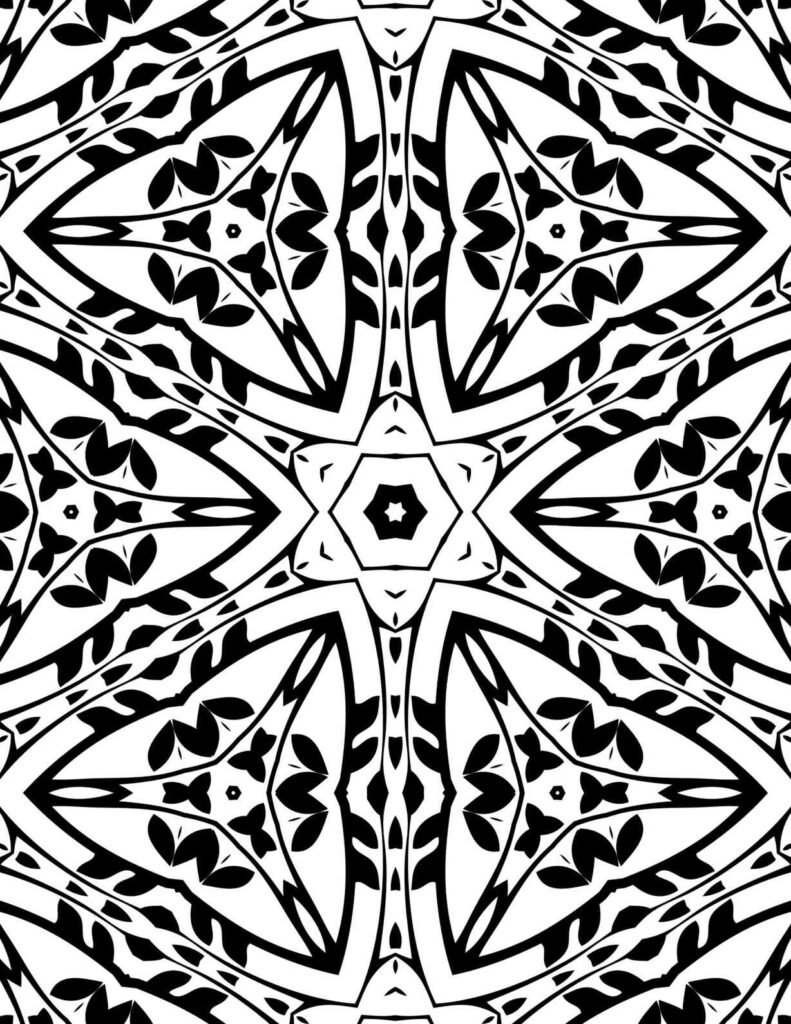 Free printable kaleidoscope star mandala with bold geometric shapes, leaf patterns, and central star motif for coloring
