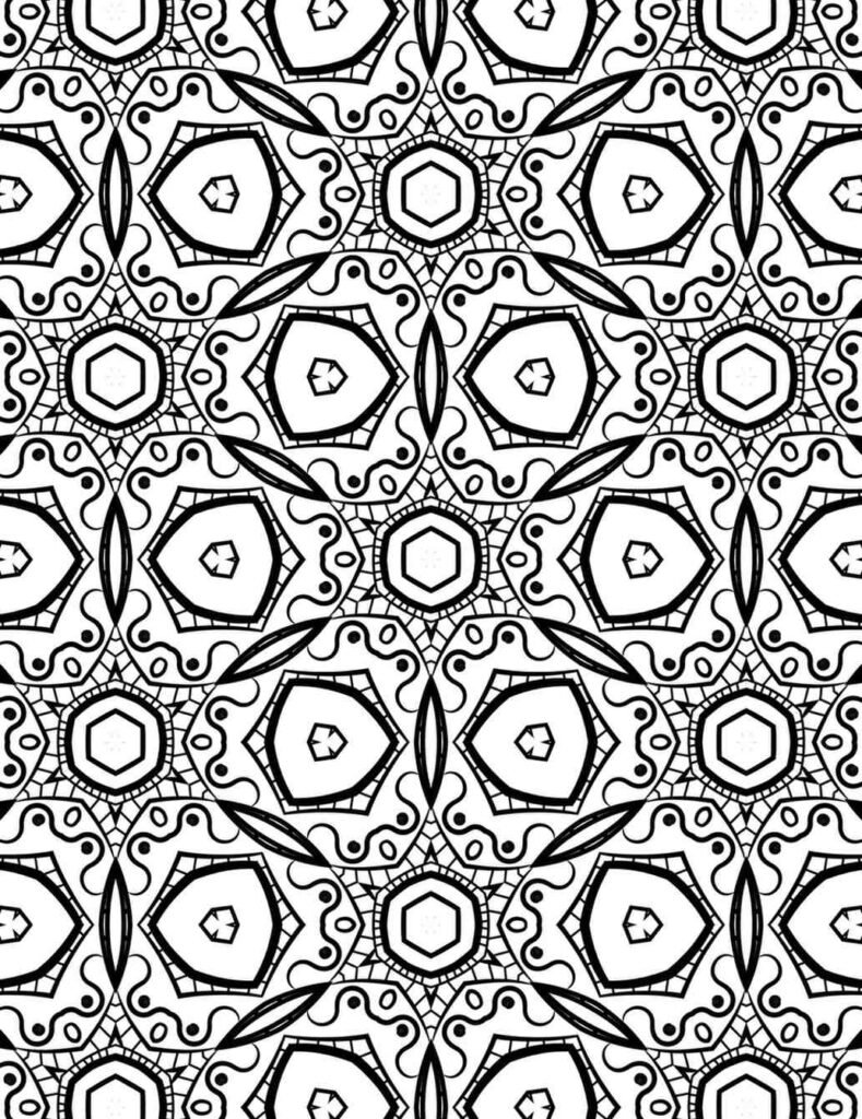 Complex geometric mandala coloring page for advanced artists, promoting focus and relaxation.